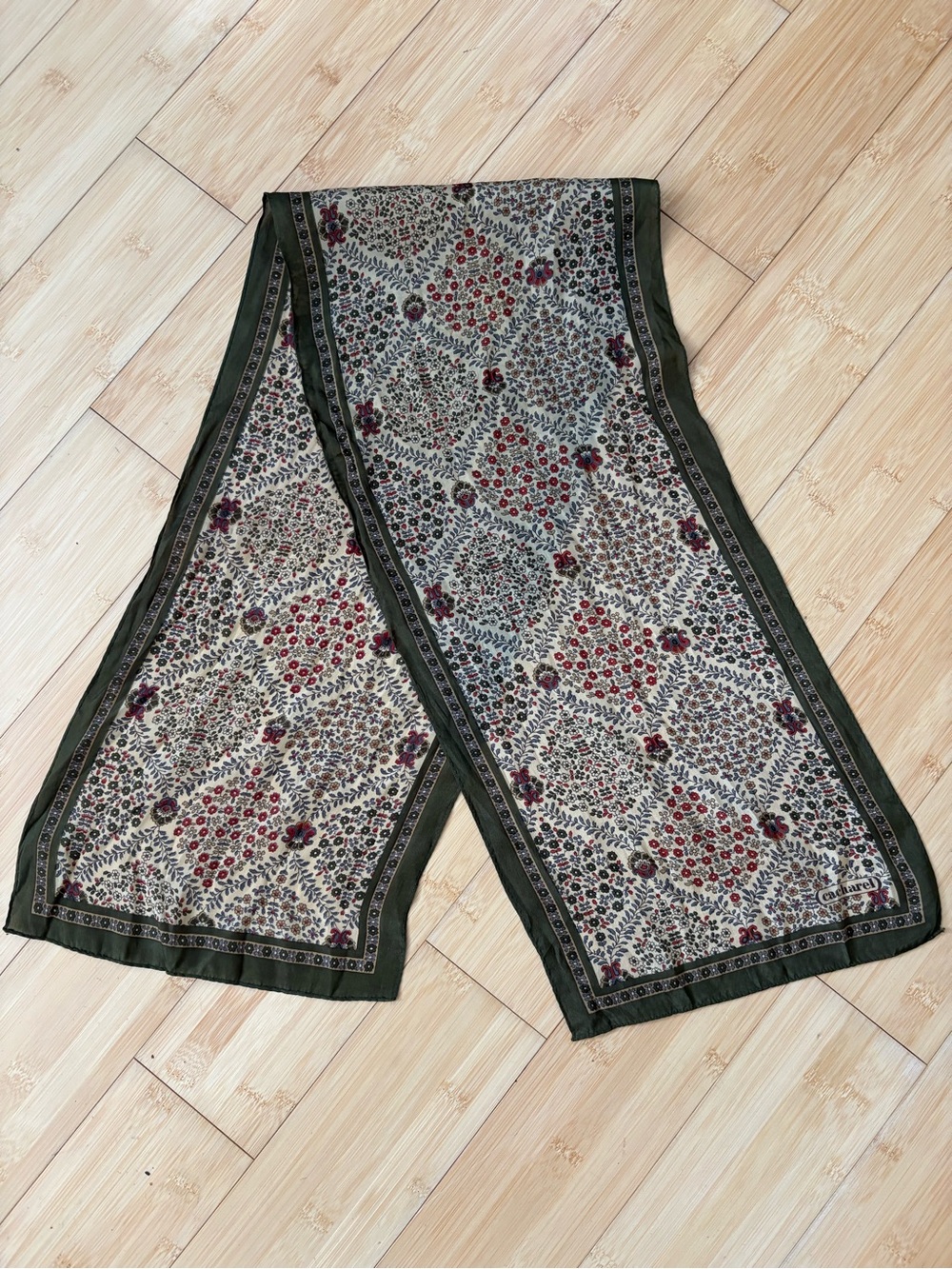 Cacharel Silk Floral Print Long Scarf in Olive Green and Cream